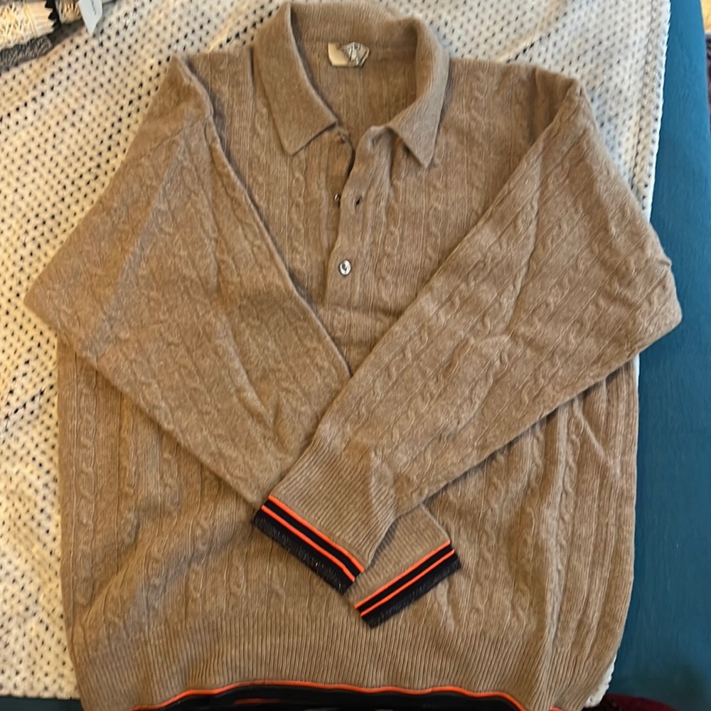 Vintage Valentino Wool Cable Collared Jumper - Camel w/ Navy-Orange Trim